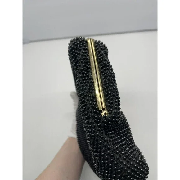 Vintage 1960s Lumured Black Corde Beaded Handbag purse Kiss lock Petit cool - Picture 12 of 16